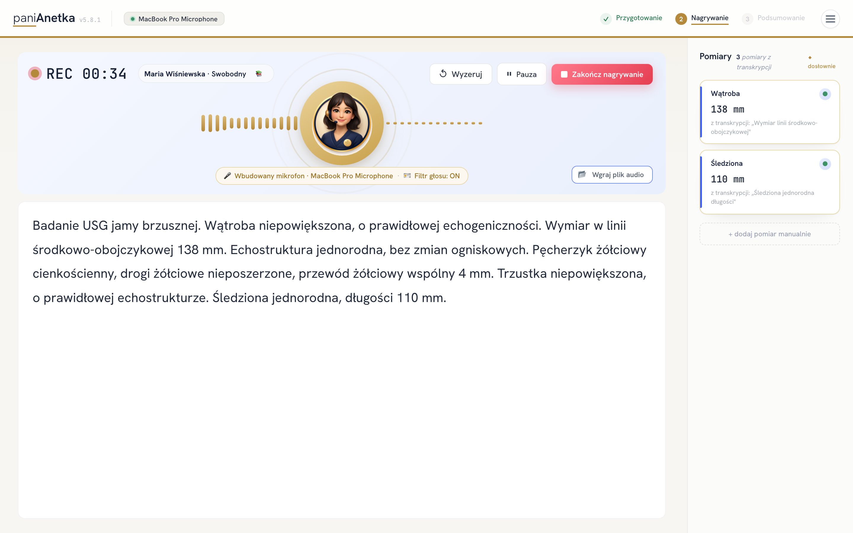 Dyktowanie na żywo — transkrypcja i pomiary w czasie rzeczywistym