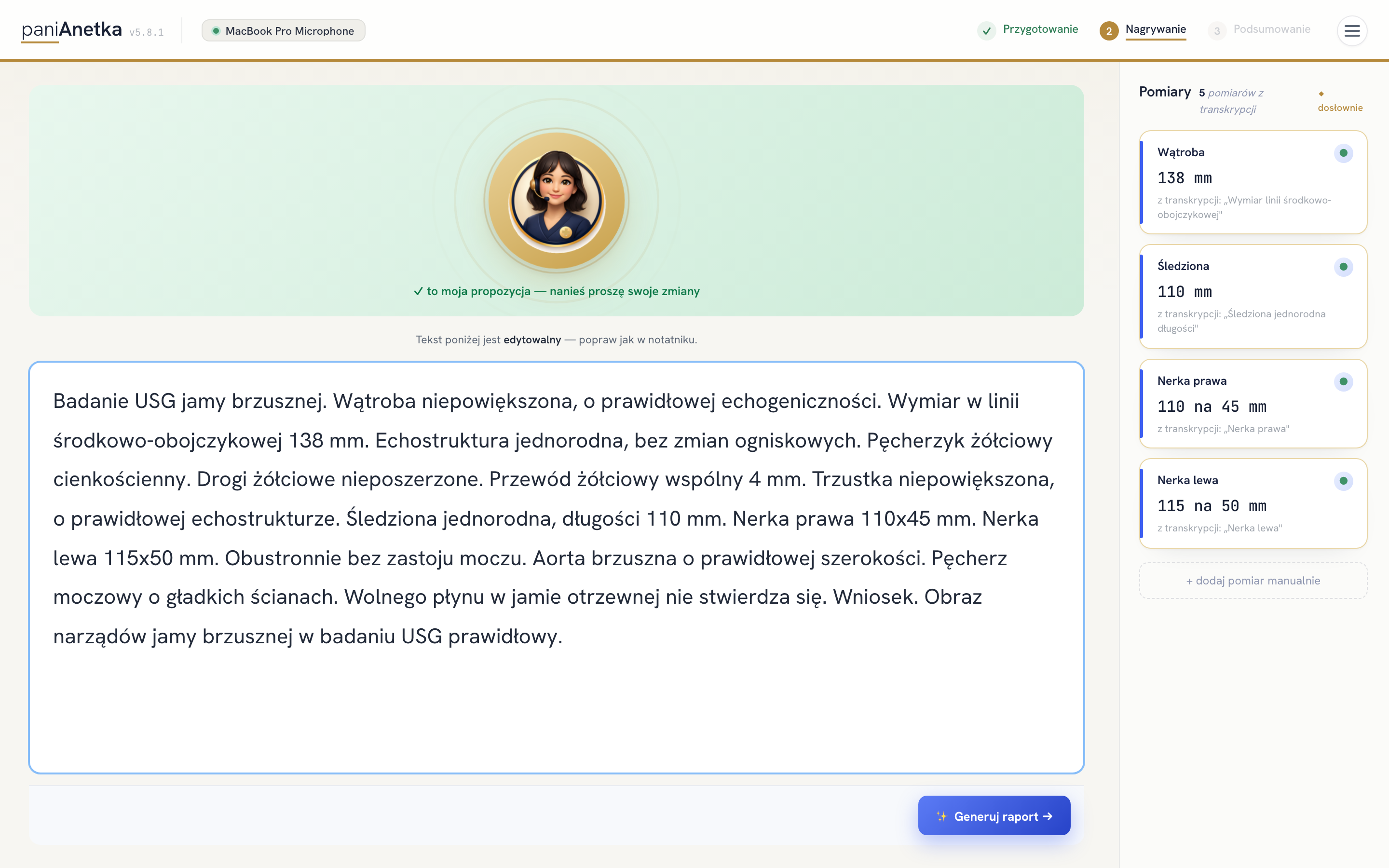 Edytowalny transkrypt przed generowaniem raportu