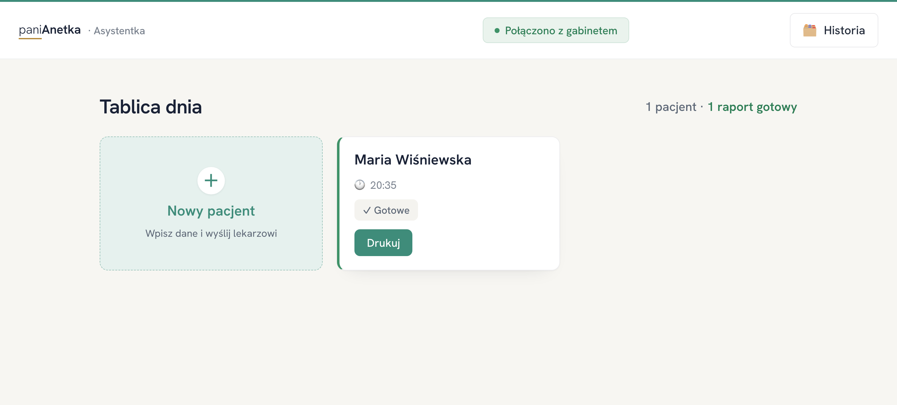 Kiosk asystentki — tablica dnia z gotowym raportem do druku